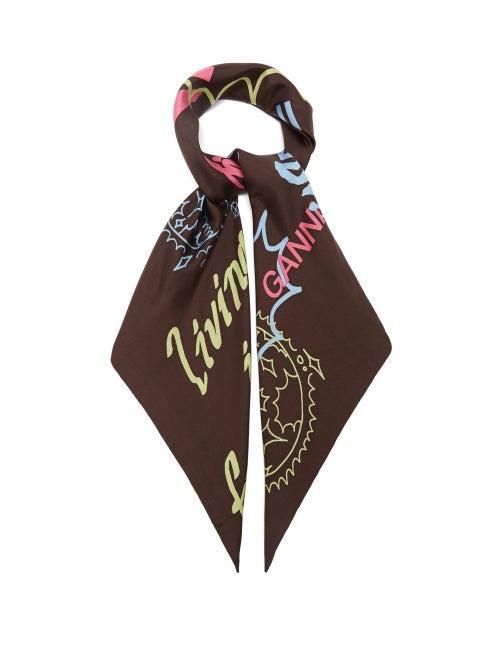 Ganni - Montage Logo-print Silk-twill Scarf - Womens - Brown