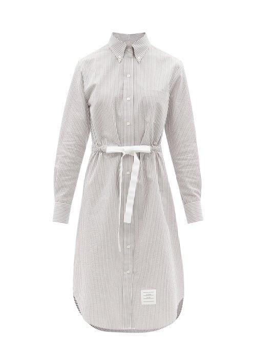 Matchesfashion.com Thom Browne - Four-bar Belted Cotton-seersucker Shirt Dress - Womens - Grey Stripe