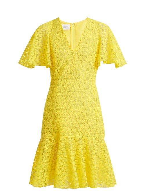 Matchesfashion.com Giambattista Valli - V Neck Floral Macram Lace Cotton Blend Dress - Womens - Yellow