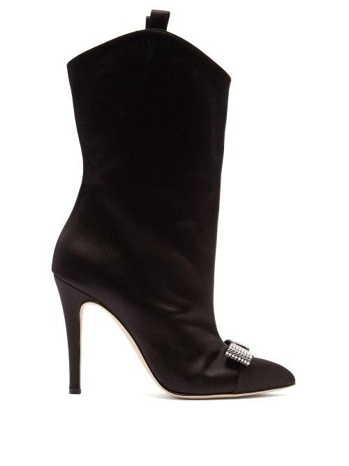 Matchesfashion.com Alessandra Rich - Crystal Bow Embellished Western Satin Ankle Boots - Womens - Black