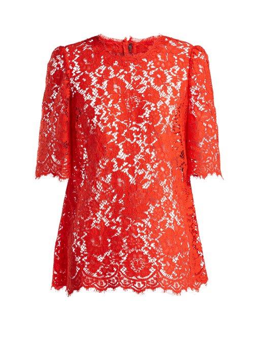 Matchesfashion.com Dolce & Gabbana - Short Sleeved Scalloped Edge Lace Top - Womens - Red