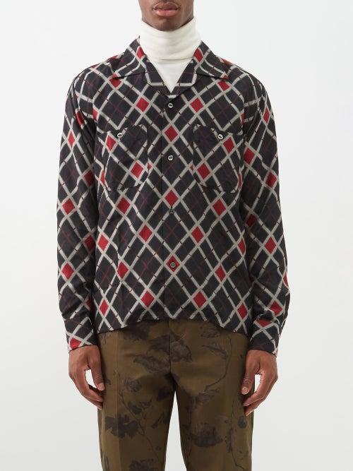 Needles - Cuban-collar Argyle-jacquard Twill Shirt - Mens - Black Red