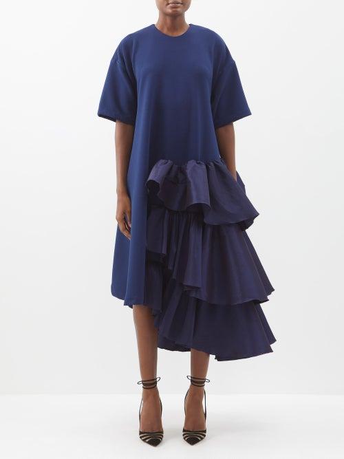 Kika Vargas - Joan Asymmetric Ruffled Neoprene Midi Dress - Womens - Navy
