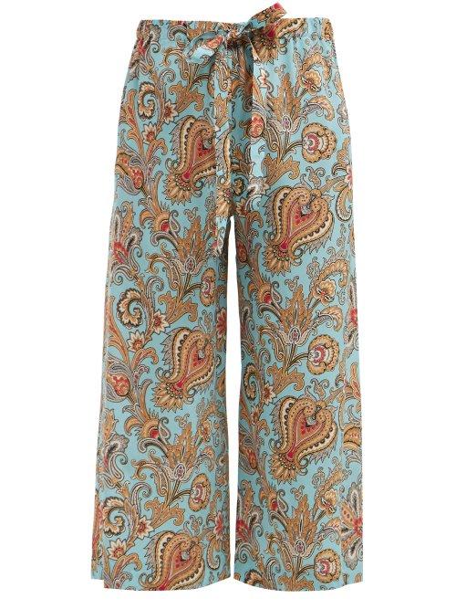 Matchesfashion.com Etro - Paisley Print Wide Leg Cropped Silk Trousers - Womens - Light Blue