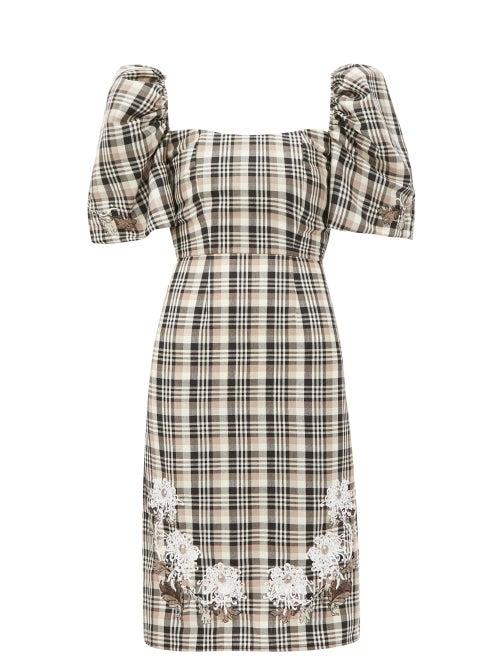 Matchesfashion.com Edward Crutchley - Checked Roll-neck Puff-sleeve Wool Dress - Womens - Brown Multi