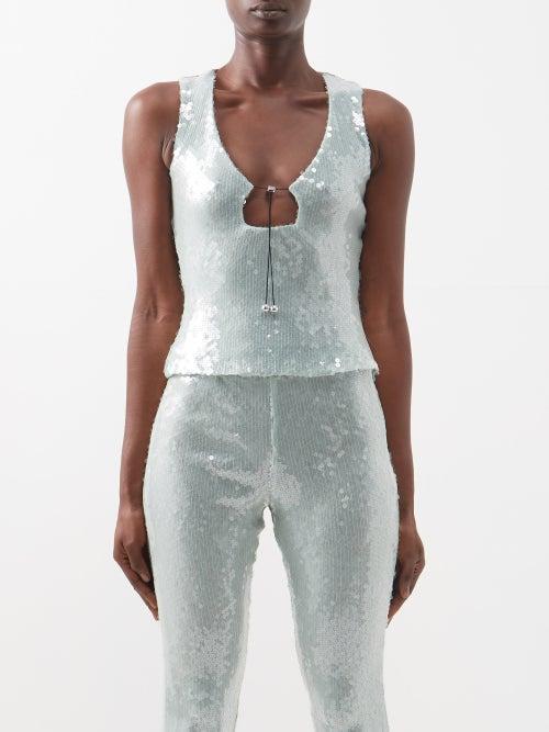 16arlington - Solaria Sequinned-mesh Sleeveless Top - Womens - Light Blue
