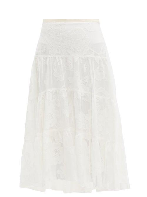 Matchesfashion.com See By Chlo - Floral Embroidered Tiered Mesh Skirt - Womens - Ivory