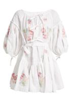 Matchesfashion.com Innika Choo - Balloon Sleeve Linen Peasant Dress - Womens - White Multi