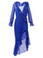 Matchesfashion.com Saint Laurent - Flounced Silk-georgette Asymmetric Wrap Dress - Womens - Blue
