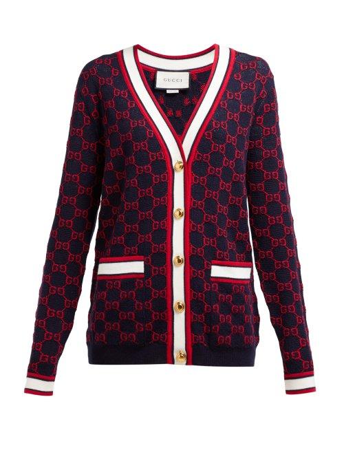 Matchesfashion.com Gucci - Gg Logo Intarsia Wool Cardigan - Womens - Navy Multi