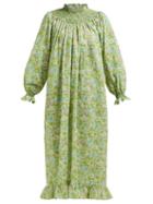 Matchesfashion.com Loretta Caponi - Smocked Floral Print Poplin Maxi Dress - Womens - Green Multi