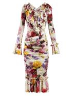 Matchesfashion.com Dolce & Gabbana - Rose And Hortensia Print Crepe Midi Dress - Womens - White Multi