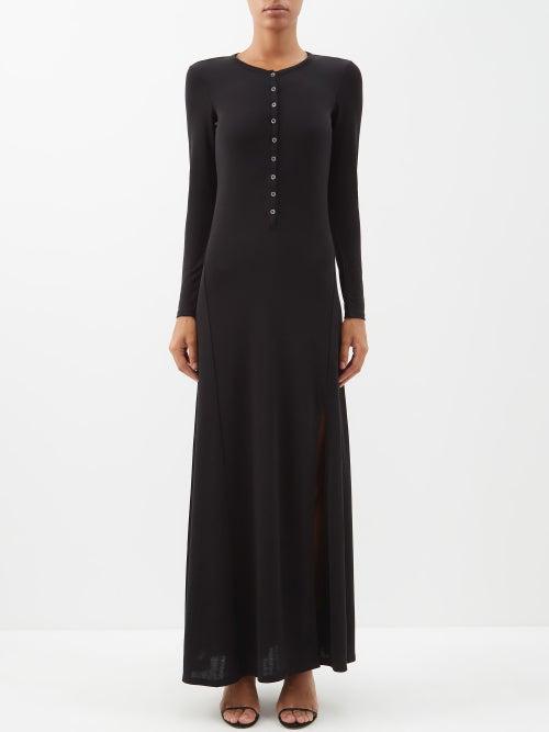 Frame - Thigh-slit Jersey Henley T-shirt Dress - Womens - Black