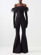 16arlington - Off-the-shoulder Feather-trim Crepe Jumpsuit - Womens - Black