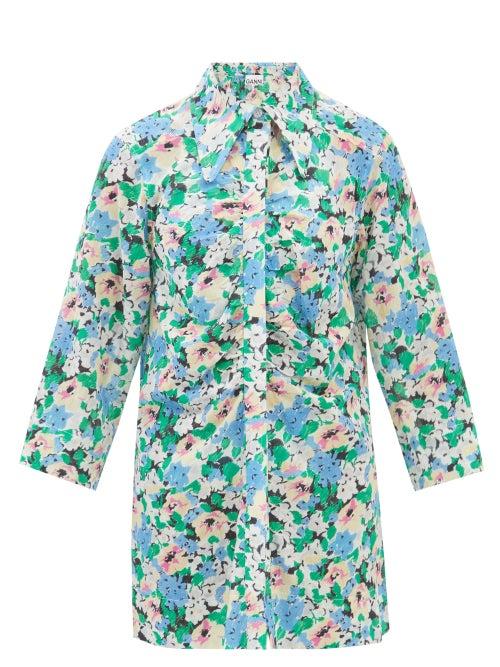 Ganni - Floral-print Poplin Shirt - Womens - Blue