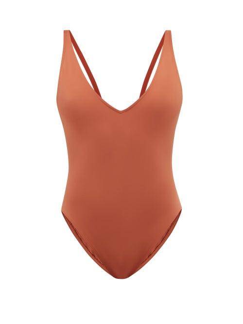 Totme - Deep V-neck Recycled-fibre Swimsuit - Womens - Rust Orange