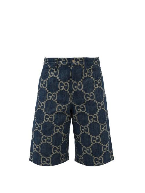 Gucci - Gg-embroidered Denim Bermuda Shorts - Mens - Blue Beige