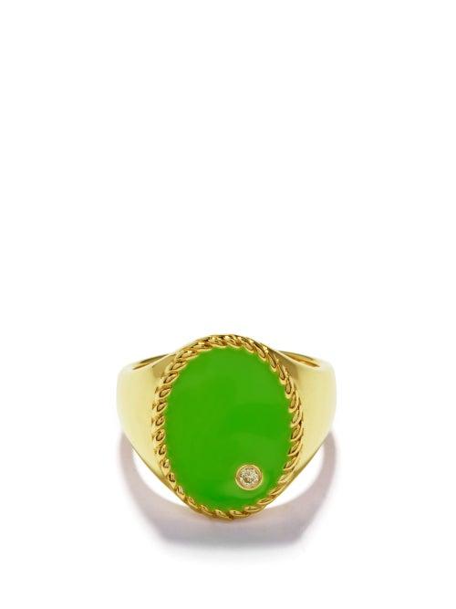 Ladies Fine Jewellery Yvonne Lon - Diamond, Enamel & 9kt Gold Signet Ring - Womens - Green Gold
