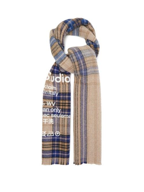 Matchesfashion.com Acne Studios - Logo-print Checked Virgin-wool Scarf - Womens - Blue Multi
