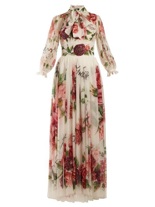 Matchesfashion.com Dolce & Gabbana - Peony And Rose Print Chiffon Gown - Womens - White Multi
