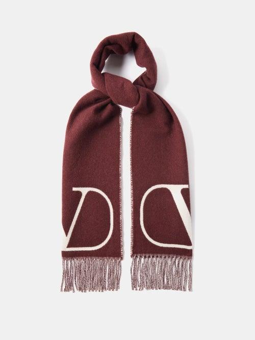 Valentino Garavani - V-logo-intarsia Wool-blend Scarf - Mens - Burgundy White