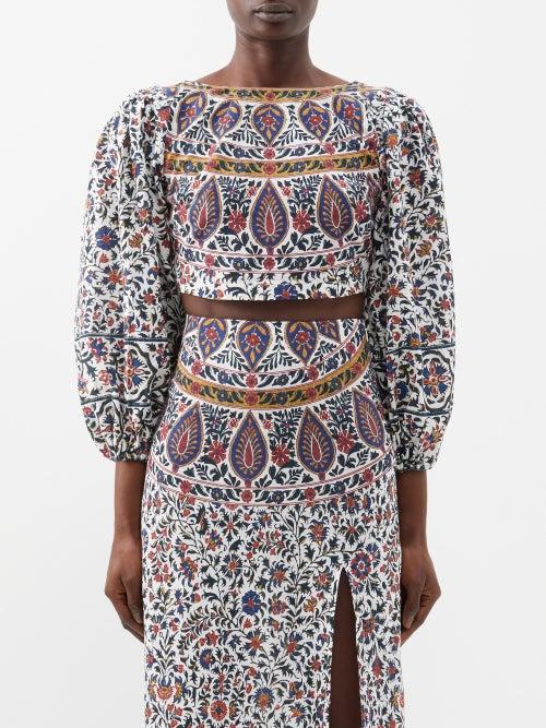 Boteh - Verbena Puff-sleeve Printed Linen-blend Top - Womens - White Multi