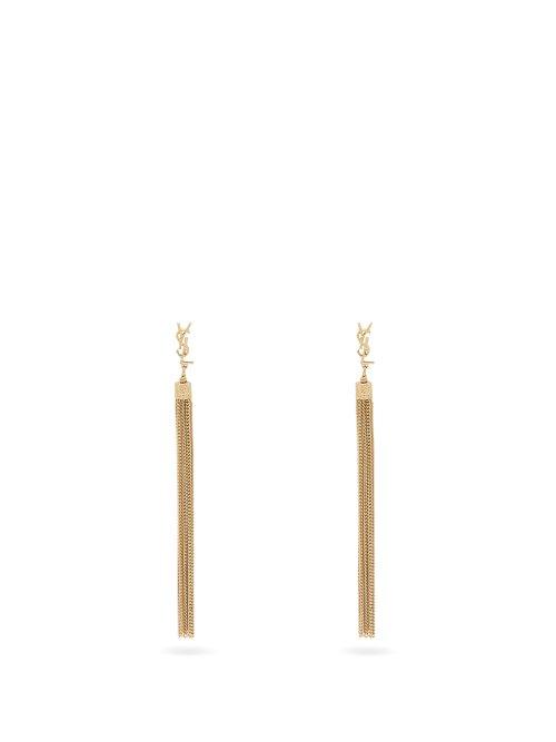 Matchesfashion.com Saint Laurent - Logo Plaque Tassel Drop Earrings - Womens - Gold