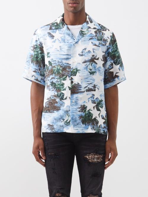 Amiri - Short-sleeved Tropical-print Silk-twill Shirt - Mens - Blue Multi