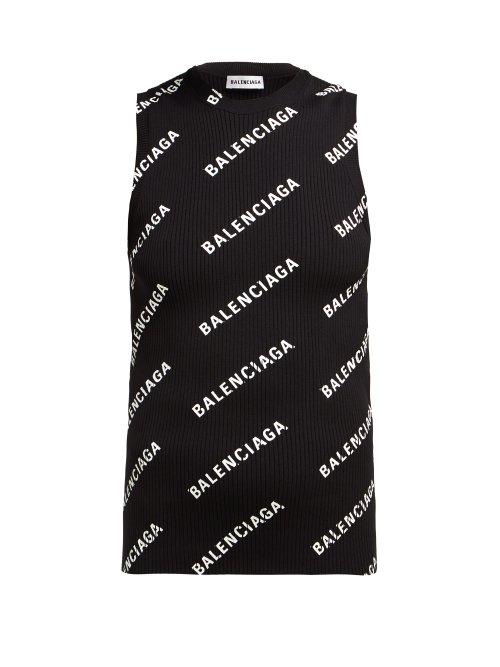 Matchesfashion.com Balenciaga - Logo Print Ribbed Knit Sleeveless Top - Womens - Black White