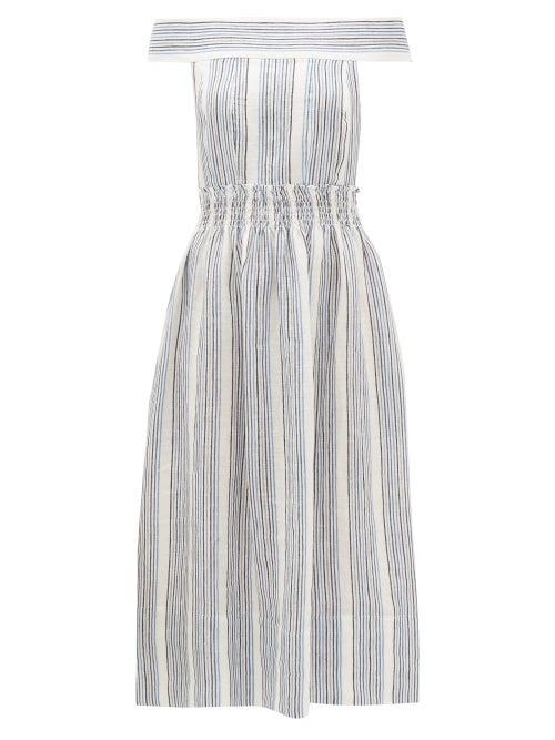Matchesfashion.com Three Graces London - Porcia Striped Off-the-shoulder Linen Dress - Womens - Blue Stripe