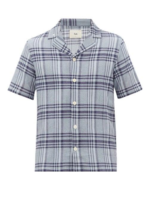 Matchesfashion.com Folk - Plaid Camp-collar Cotton-terry Shirt - Mens - Blue