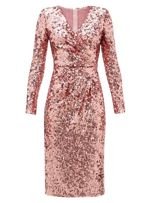 Matchesfashion.com Dolce & Gabbana - Padded-shoulder V-neck Sequinned Dress - Womens - Pink