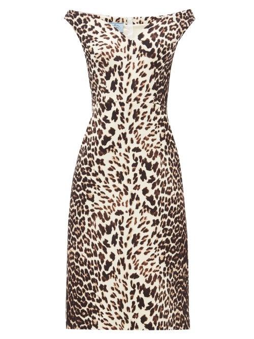 Matchesfashion.com Prada - Leopard Print Sweetheart Neck Wool Twill Dress - Womens - Leopard