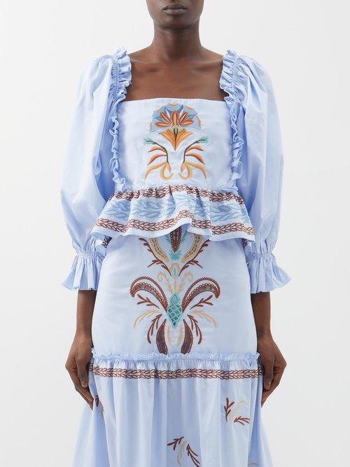 Lug Von Siga - Daphne Embroidered Cotton-poplin Blouse - Womens - Blue Multi