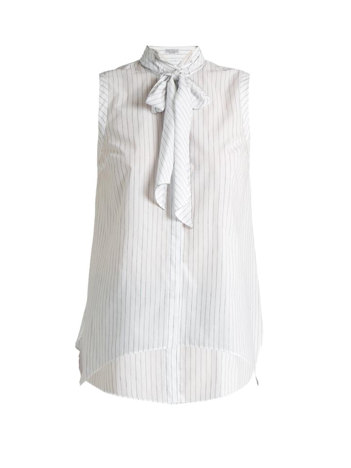 Brunello Cucinelli Fine-striped Tie-neck Sleeveless Top