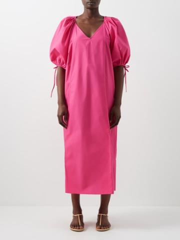 Rhode - Carly V-neck Cotton-poplin Midi Dress - Womens - Fuschia
