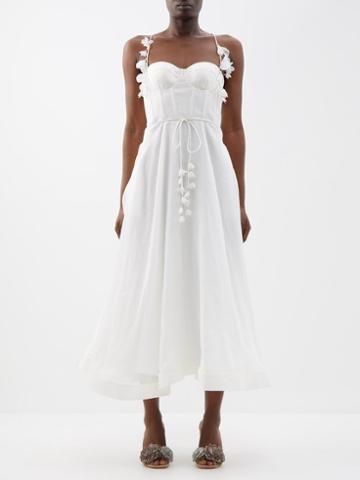 Zimmermann - Wonderland Corset Linen-blend Midi Dress - Womens - Ivory
