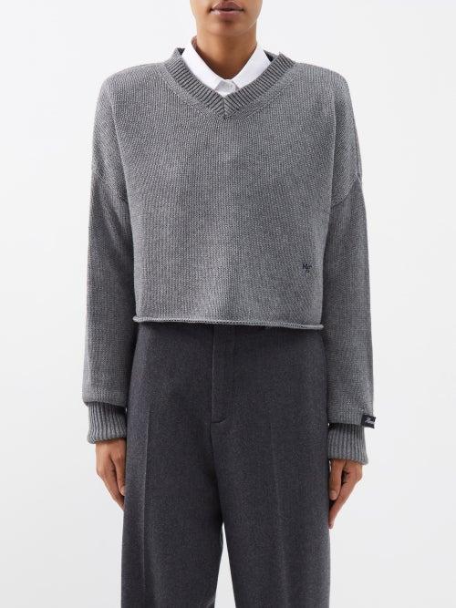 Hommegirls - V-neck Cotton-blend Cropped Sweater - Womens - Dark Grey