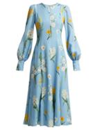 Matchesfashion.com Andrew Gn - Narcissus Print Silk Crepe Midi Dress - Womens - Blue Print