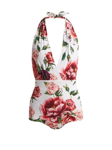 Matchesfashion.com Dolce & Gabbana - Rose And Peony Print Halterneck Swimsuit - Womens - Pink Multi