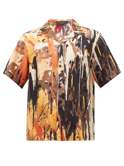 Amiri - Paint-splatter Silk-twill Shirt - Mens - Brown