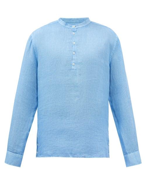 120 Lino 120% Lino - Stand-collar Linen Shirt - Mens - Light Blue