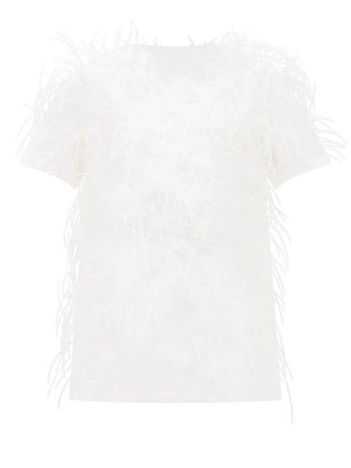 Matchesfashion.com Valentino - Feather-embellished Cotton T-shirt - Womens - White