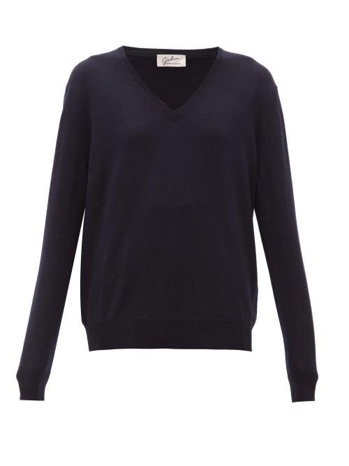 Matchesfashion.com Giuliva Heritage Collection - The Euridice V Neck Virgin Wool Sweater - Womens - Navy