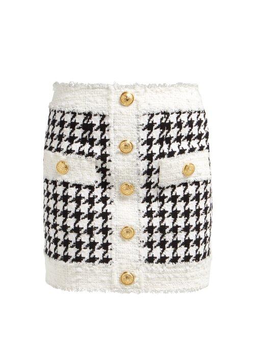 Matchesfashion.com Balmain - Houndstooth Tweed Mini Skirt - Womens - Black White
