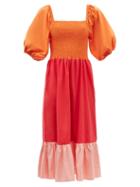 Ladies Beachwear Rhode - Eloise Shirred Colour-block Cotton-poplin Dress - Womens - Pink Multi