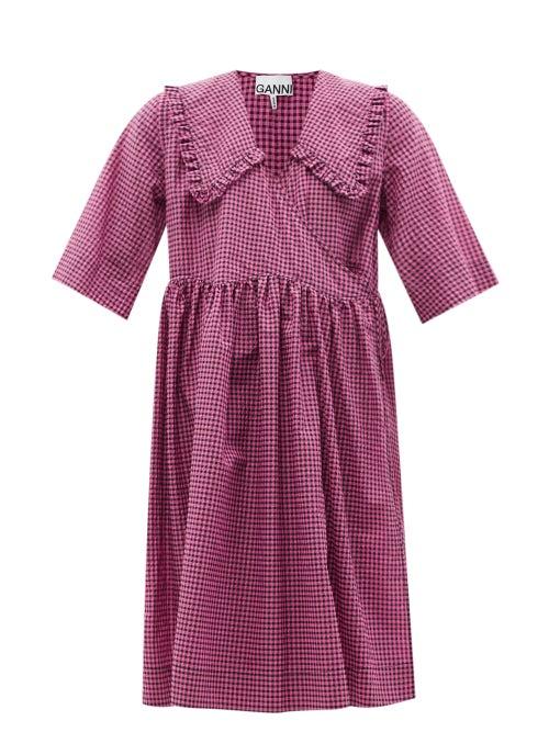 Ganni - Chelsea-collar Gingham Seersucker Wrap Dress - Womens - Pink Multi