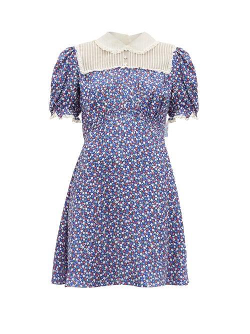Matchesfashion.com Miu Miu - Floral Print Silk Charmeuse Mini Dress - Womens - Blue Multi