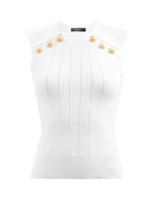 Balmain - Buttoned Ribbed-knit Top - Womens - White