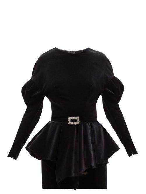 Matchesfashion.com Alexandre Vauthier - Puff Sleeve Peplum Waist Velvet Mini Dress - Womens - Black